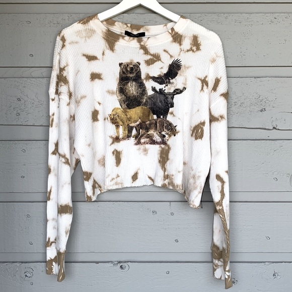 NWT FOREVER 21 WILDERNESS GRAPHIC CROP TOP WAFFLE KNIT LONG SLEEVE LOOSE FIT - Picture 3 of 6